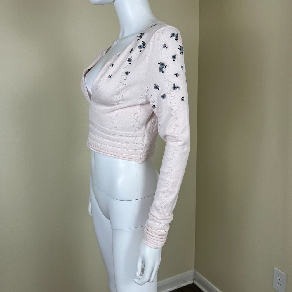 Free People Women Size M Pink Chilled Out V-Neck Crop Floral Embroidered Top - Picture 10 of 14